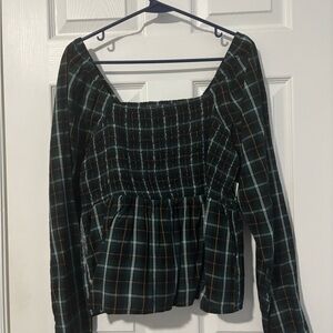 Old Navy Dark Green Plaid Smocked Peplum Long Sleeve Top